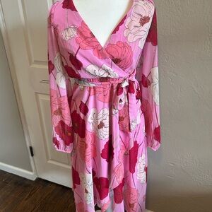 Express women's Floral Pink Wrap Dress red white flowers dress summer fall tie